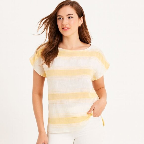 NEW Ann Taylor LOFT Womens Dolman Top Yellow Textured Stripe Semi Sheer Size S - Picture 1 of 13